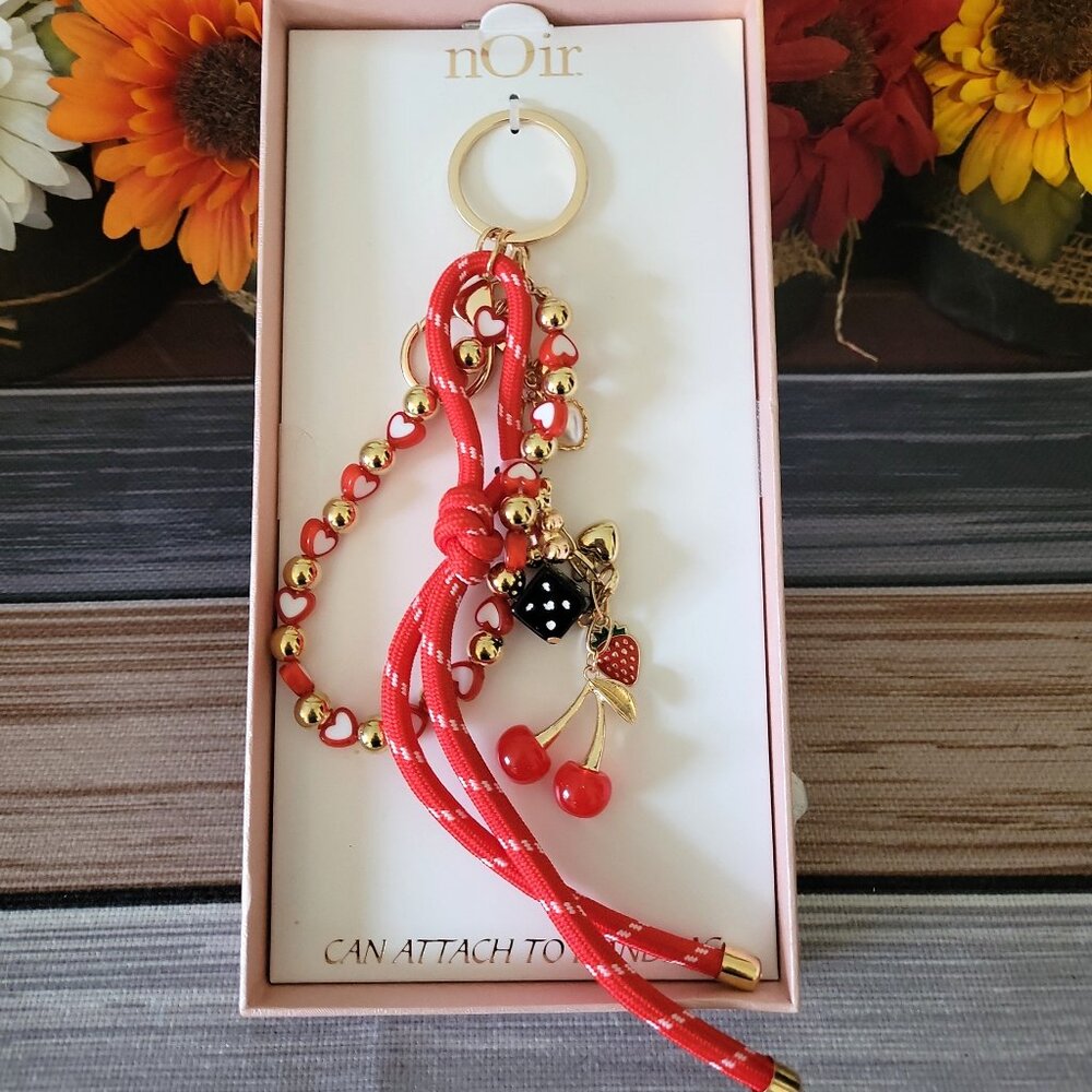 🍒 nOir Red Cherry & Heart Bag Charm Keychain Gold Tone Cute Statement